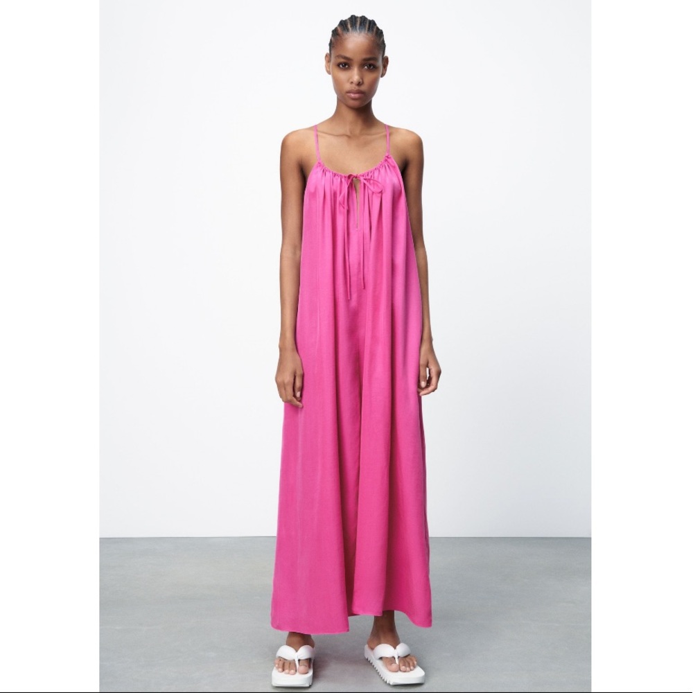 Zara fushia satin long sleeveless dress